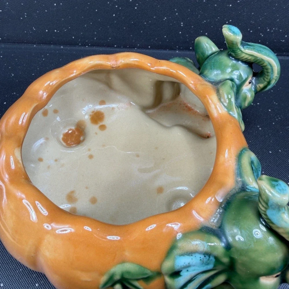 Vintage Majolica Style Elephant Pumpkin Ceramic Planter Green Orange Dish Bowl